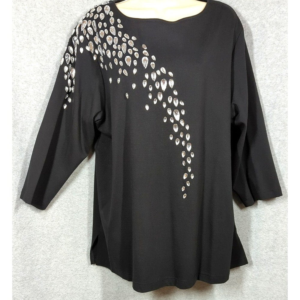 Bob Mackie Wearable Art Top Woman 1X Black Faux Stones Party Cocktail Hour - Picture 6 of 9